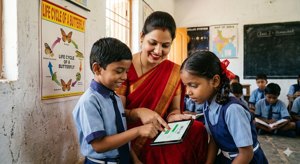 Indian Teacher and Students Garden Study