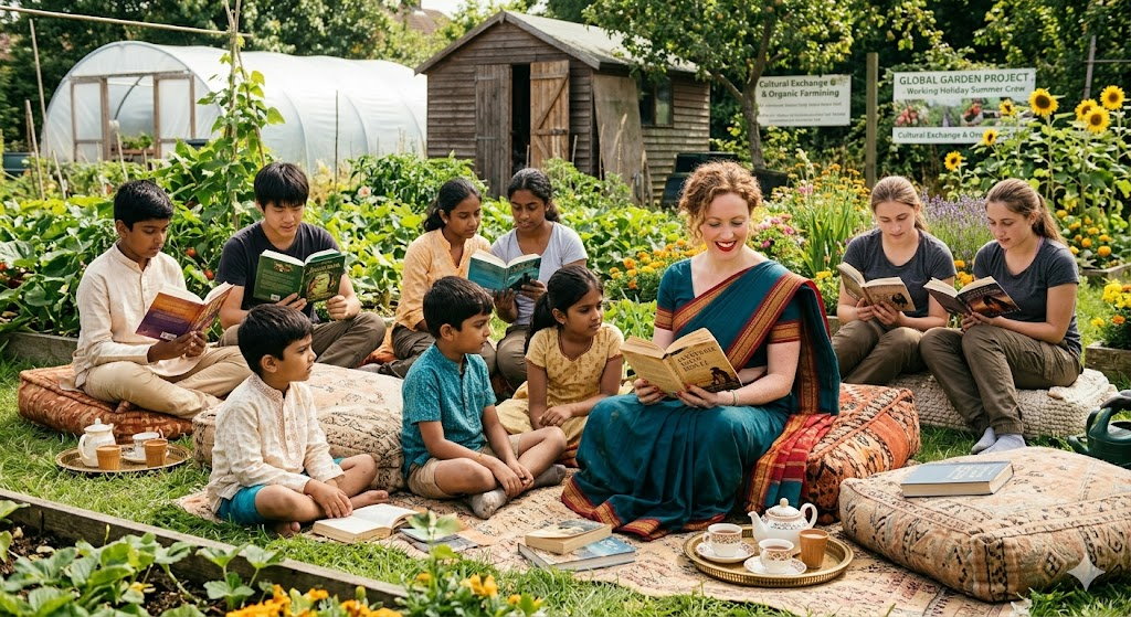 Indian Teacher and Students Garden Study